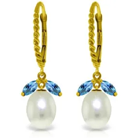 9 Carat 14K Solid Yellow Gold Leverback Earrings Blue Topaz Pearl