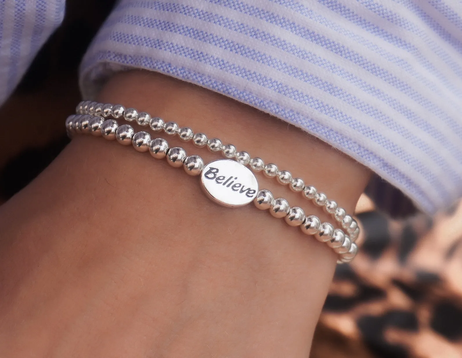 925 Sterling Silver Stretch Believe Charm Bracelet, Bracelet, Believe Bracelet, Inspirational Bracelet, Bracelets