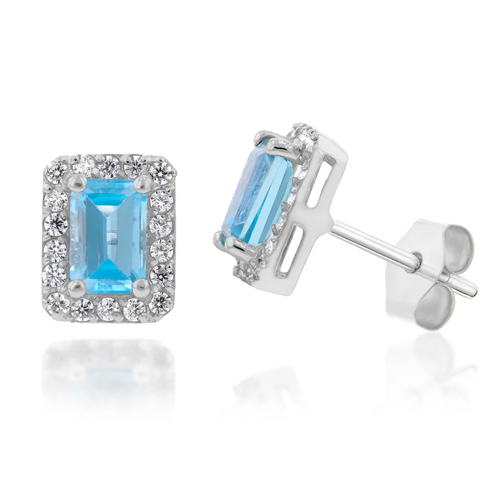 9ct White Gold Blue Topaz and Zirconia Emerald Cut Studs