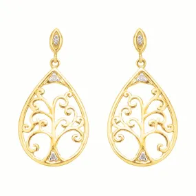 9ct Yellow Gold Diamond Set Tree of Life  Drop Earrings