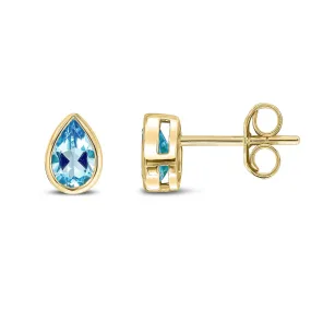 9ct Yellow Gold Pear Swiss Blue Topaz Rubover Stud Earrings 0.85ct