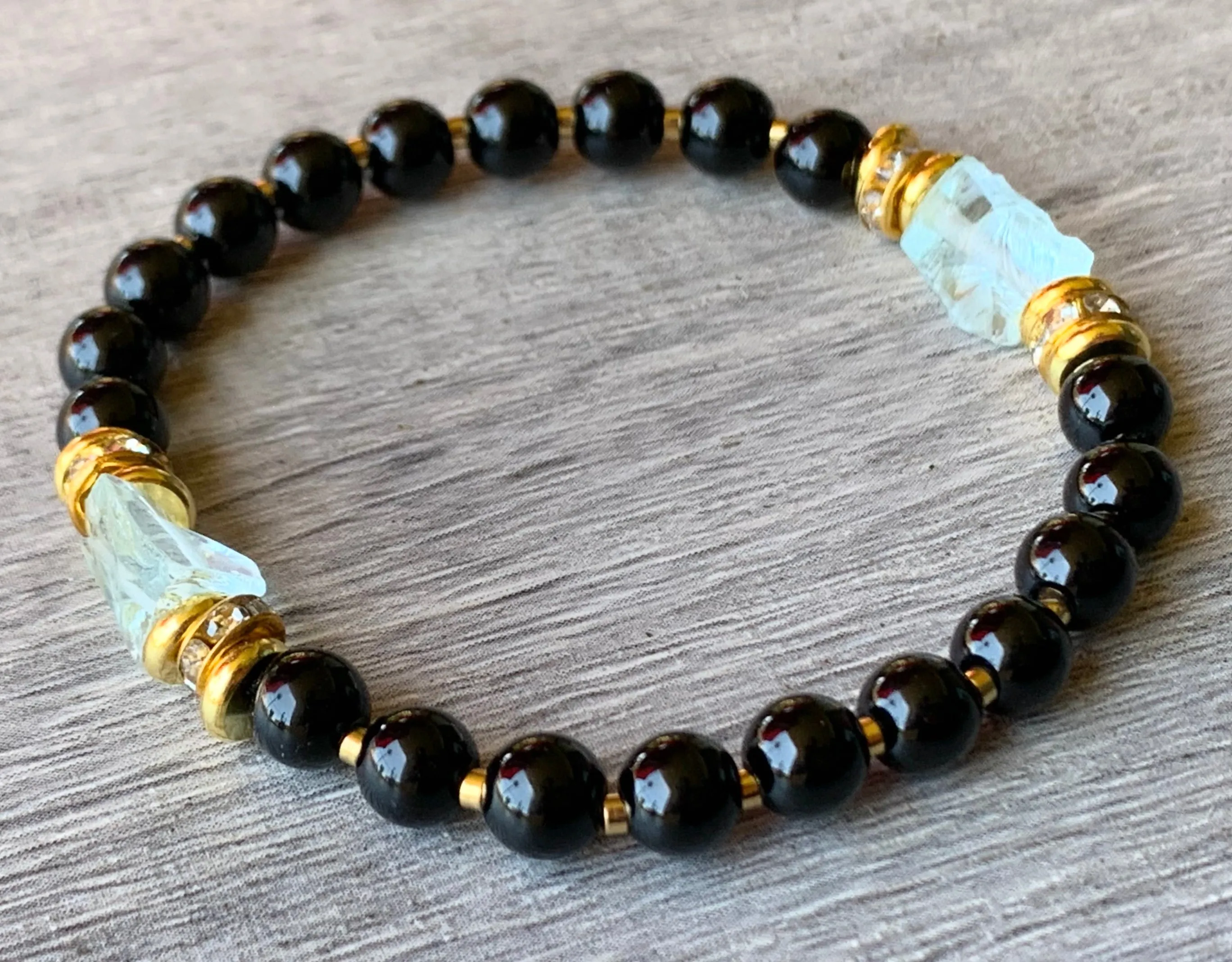 Addison Handmade Topaz, Black Tourmaline, and Gold Plated Hematite Expandable Bracelet