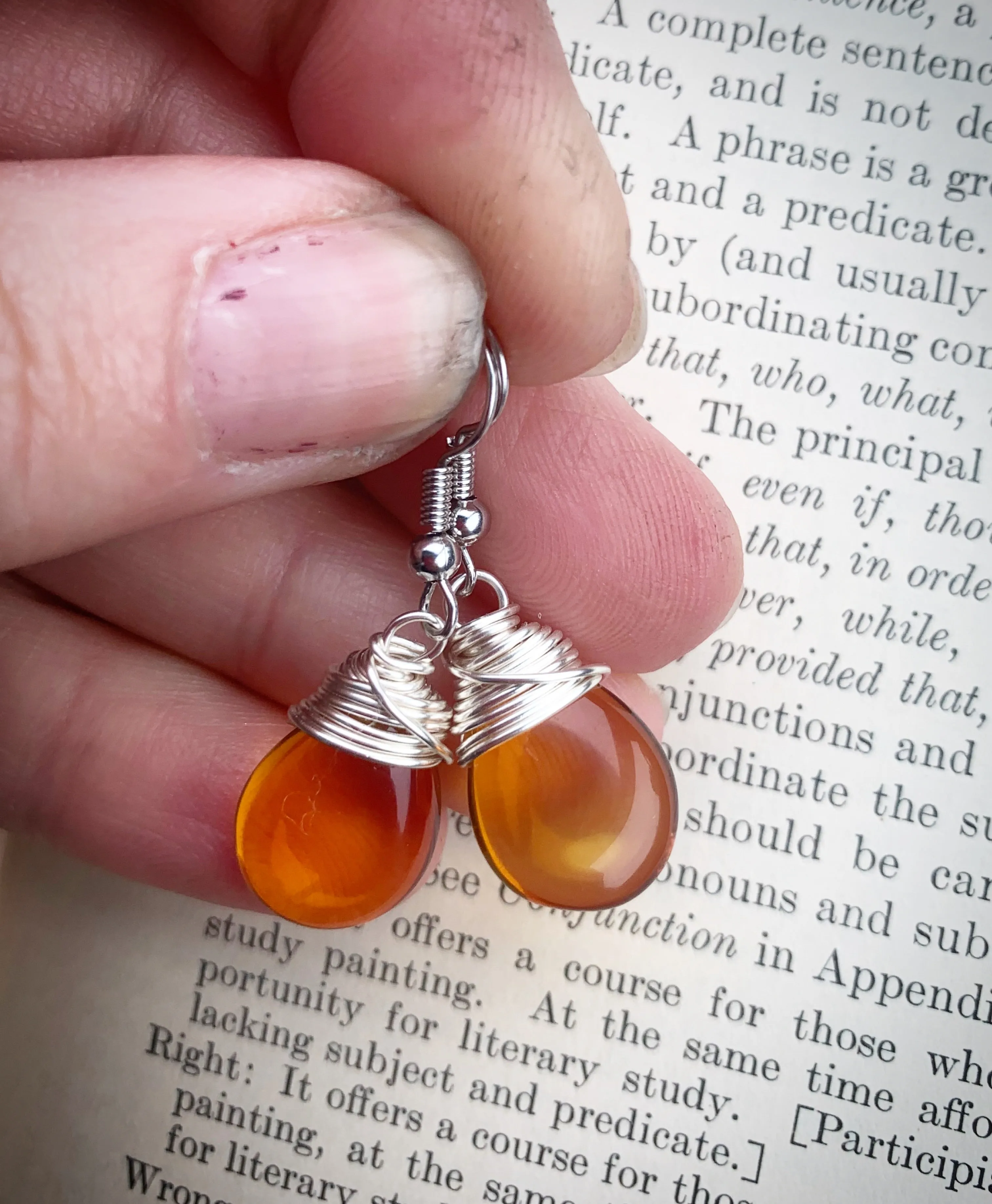 Amber teardrop Czech glass and silver wire wrapped, sterling silver earrings.