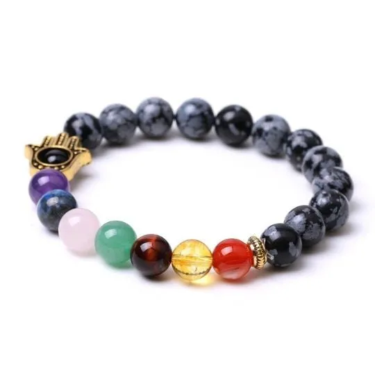 Ancient Infusions 7 Chakra Snowflake Obsidian Elastic Bracelet with Hamsa – Protection, Balance, and Spiritual Growth