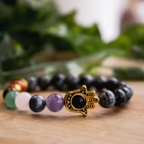 Ancient Infusions 7 Chakra Snowflake Obsidian Elastic Bracelet with Hamsa – Protection, Balance, and Spiritual Growth