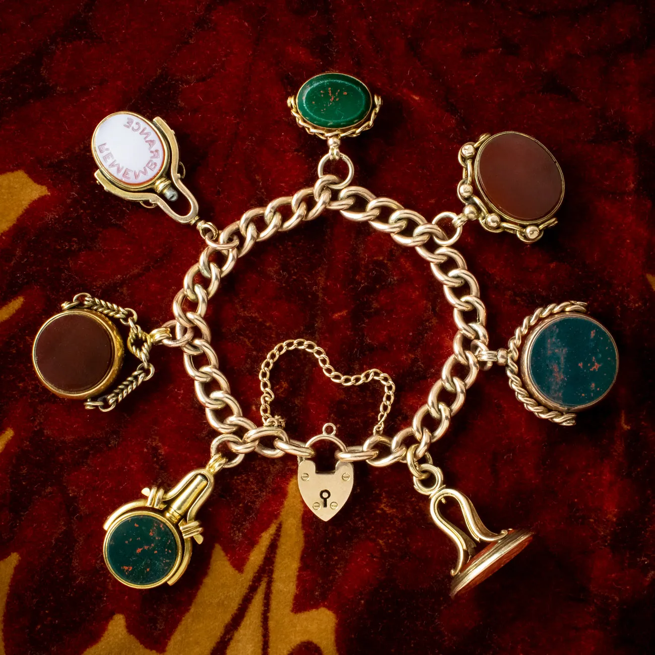 Antique Victorian Curb Charm Bracelet 9ct Gold With Seven Agate Fobs