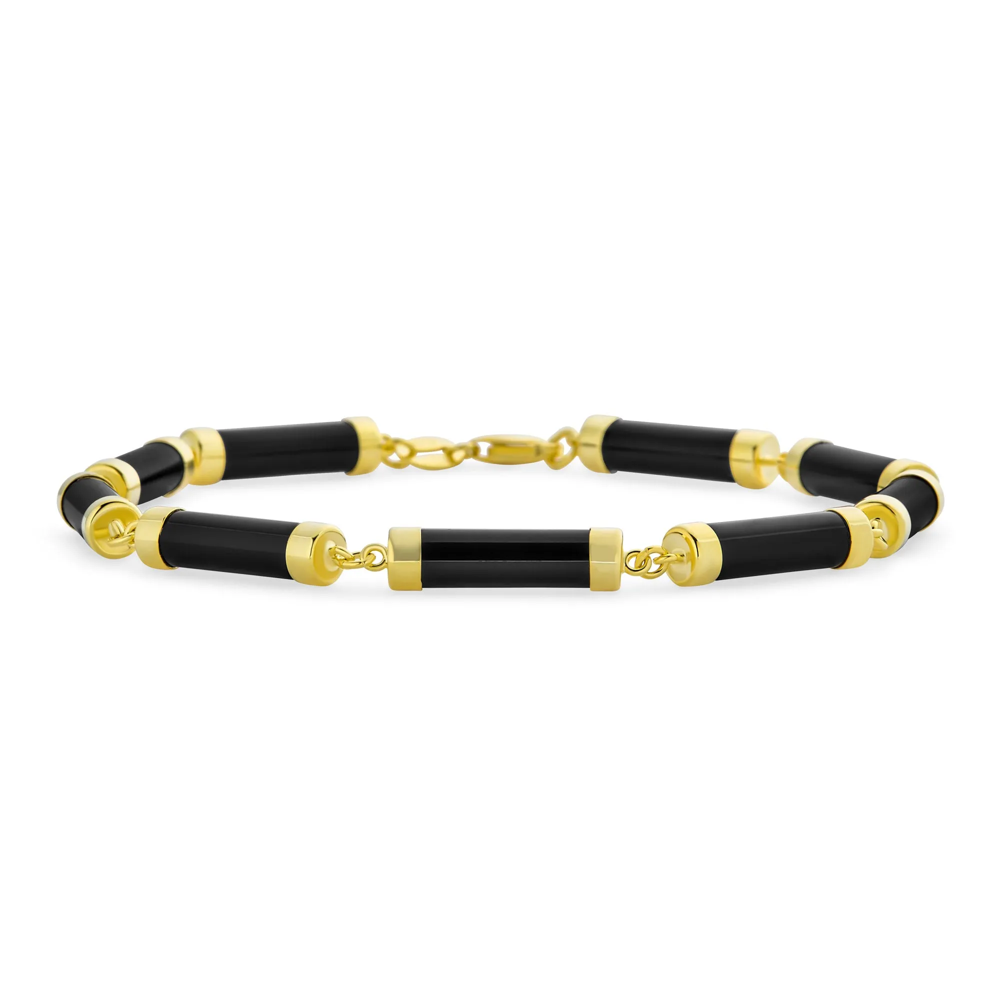 Asian Style Gemstone Chain Link Bracelet with Multi-Color Jade and Onyx 14K Gold Plated