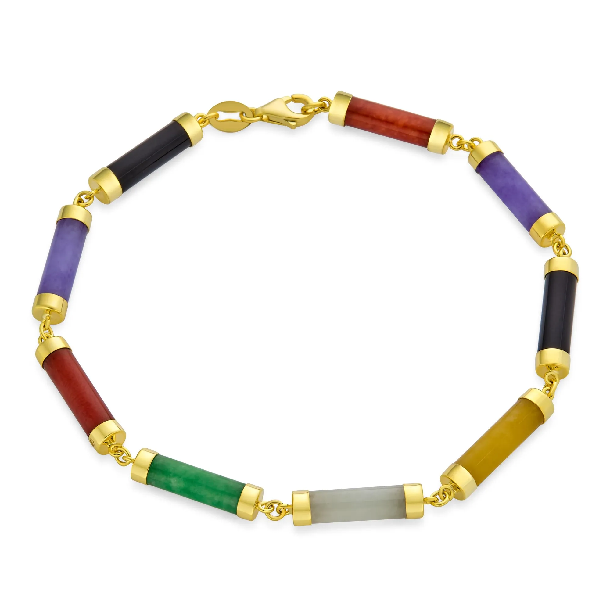 Asian Style Gemstone Chain Link Bracelet with Multi-Color Jade and Onyx 14K Gold Plated