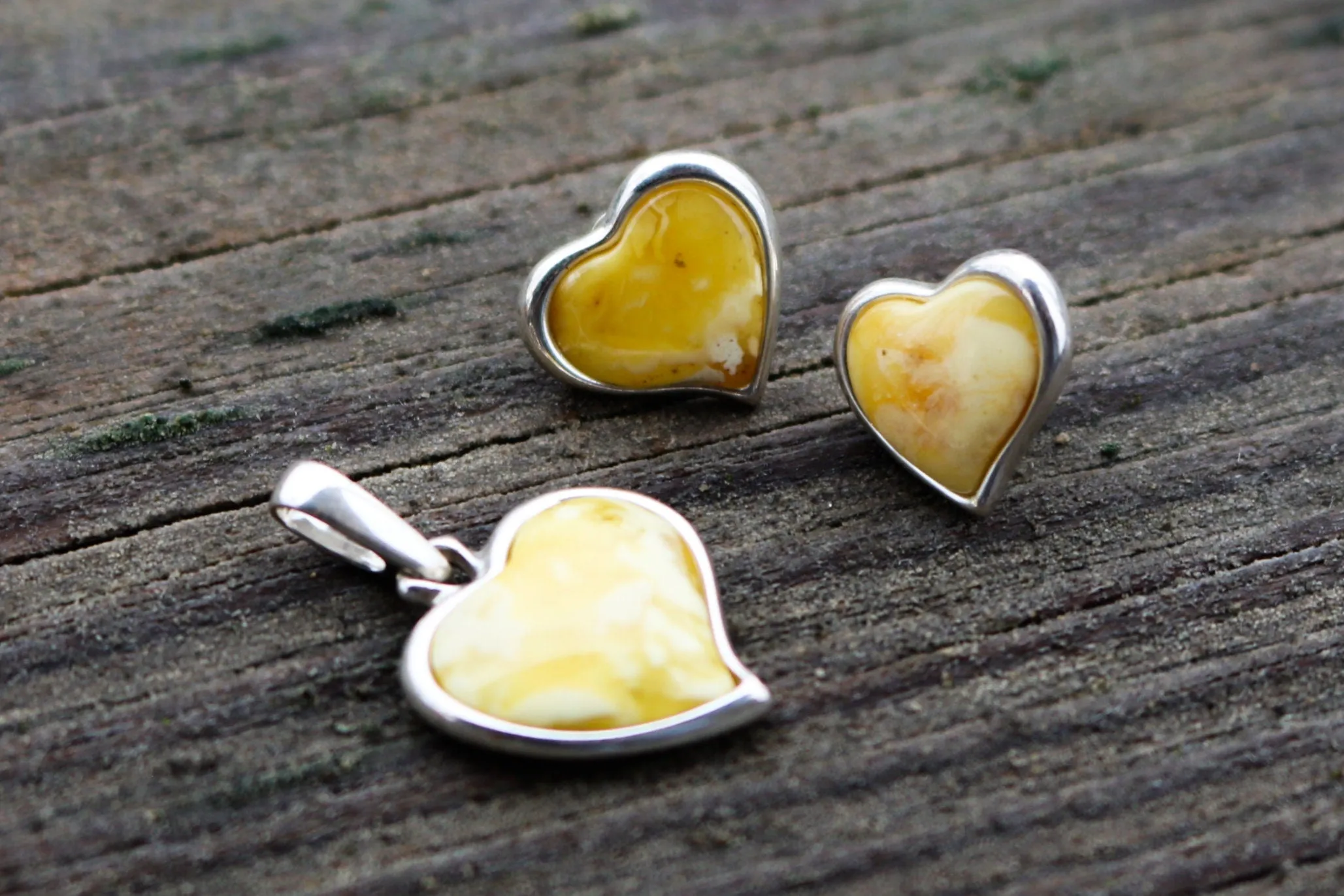 Baltic Amber Butterscotch Jewelry Set Heart Pendant and Earrings Natural 925 Silver