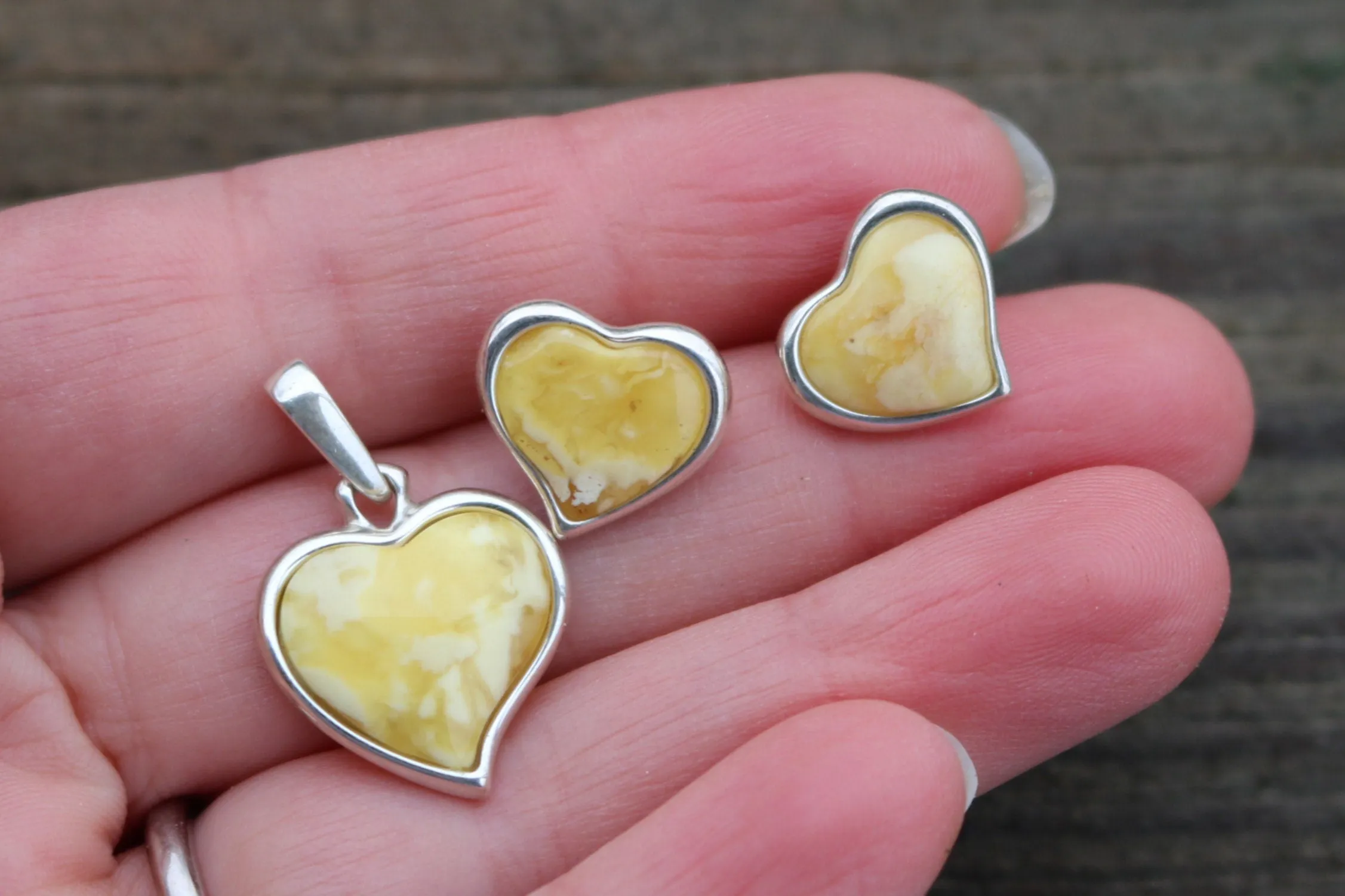 Baltic Amber Butterscotch Jewelry Set Heart Pendant and Earrings Natural 925 Silver