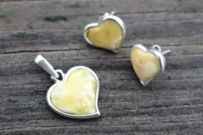 Baltic Amber Butterscotch Jewelry Set Heart Pendant and Earrings Natural 925 Silver