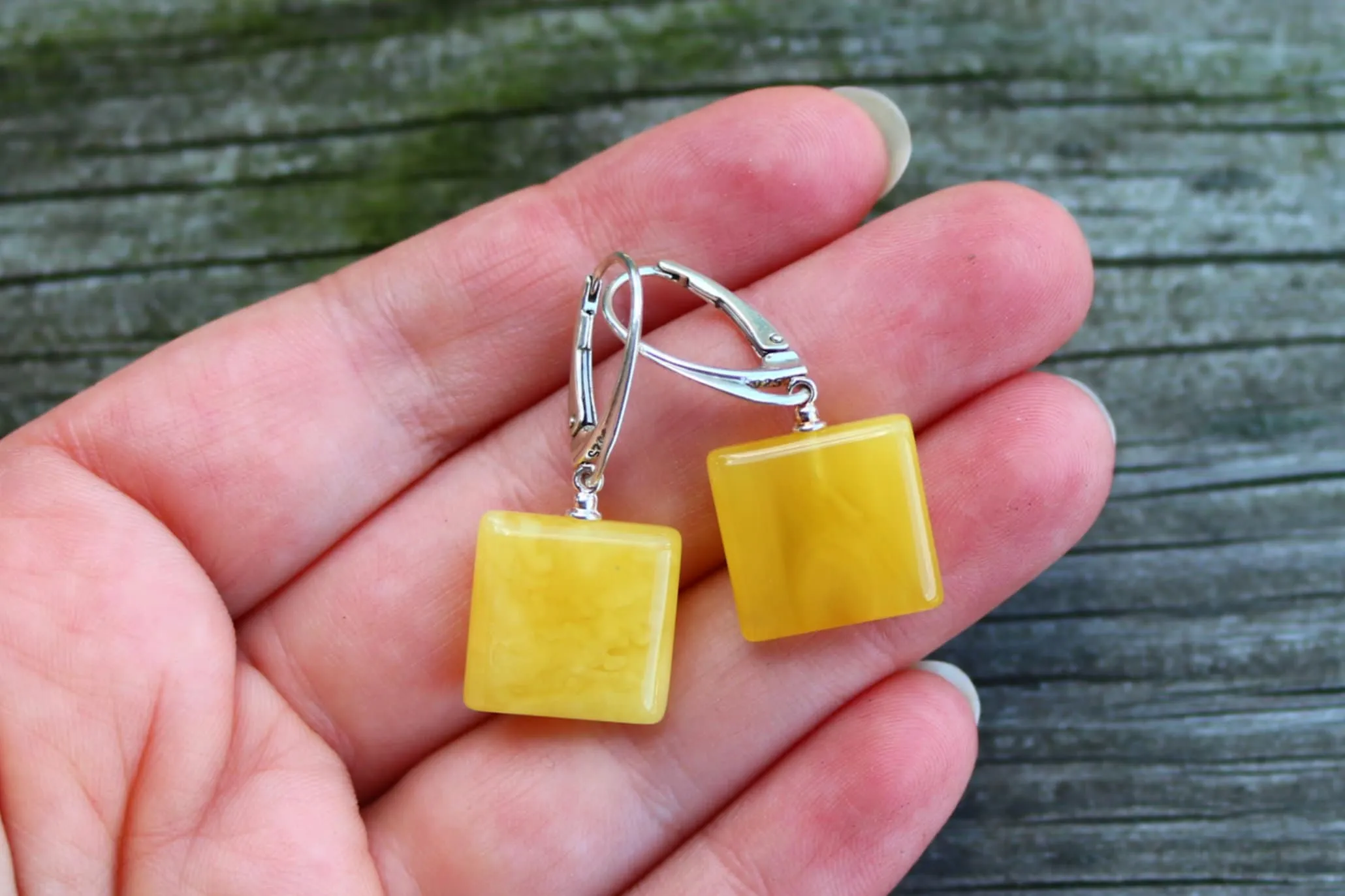 Baltic Amber Earrings Butterscotch Milky Natural Dangling Square Jewelry 1.39" 3.3 gram 925 Silver