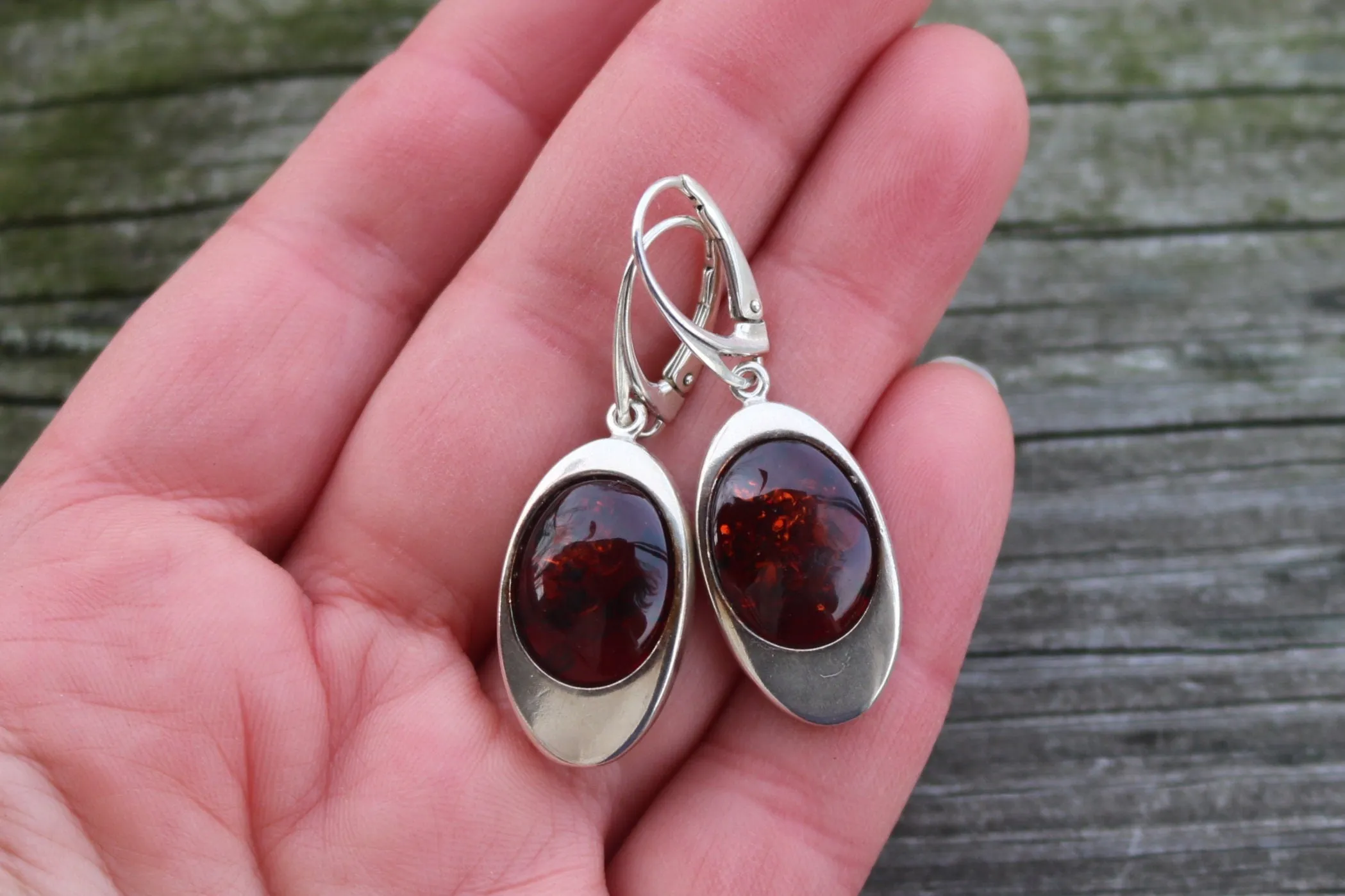 Baltic Amber Earrings Cherry Dangling Natural Oval 1.7" 8.7 gram 925 Silver