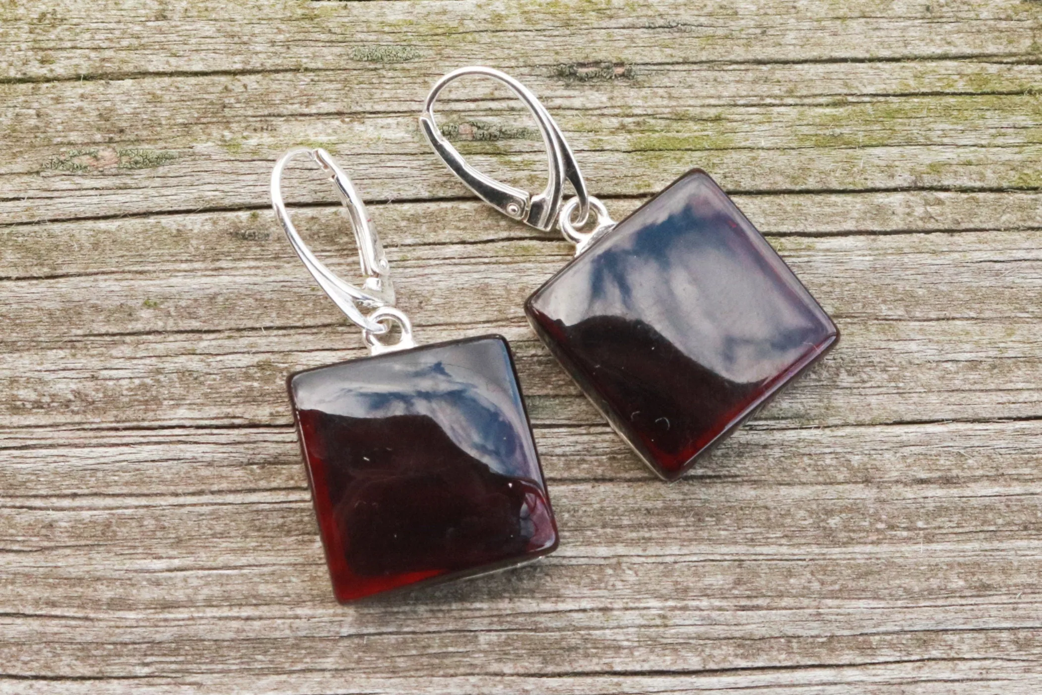 Baltic Amber Earrings Cherry Square Natural Jewelry 1.6" 10 gram 925 silver