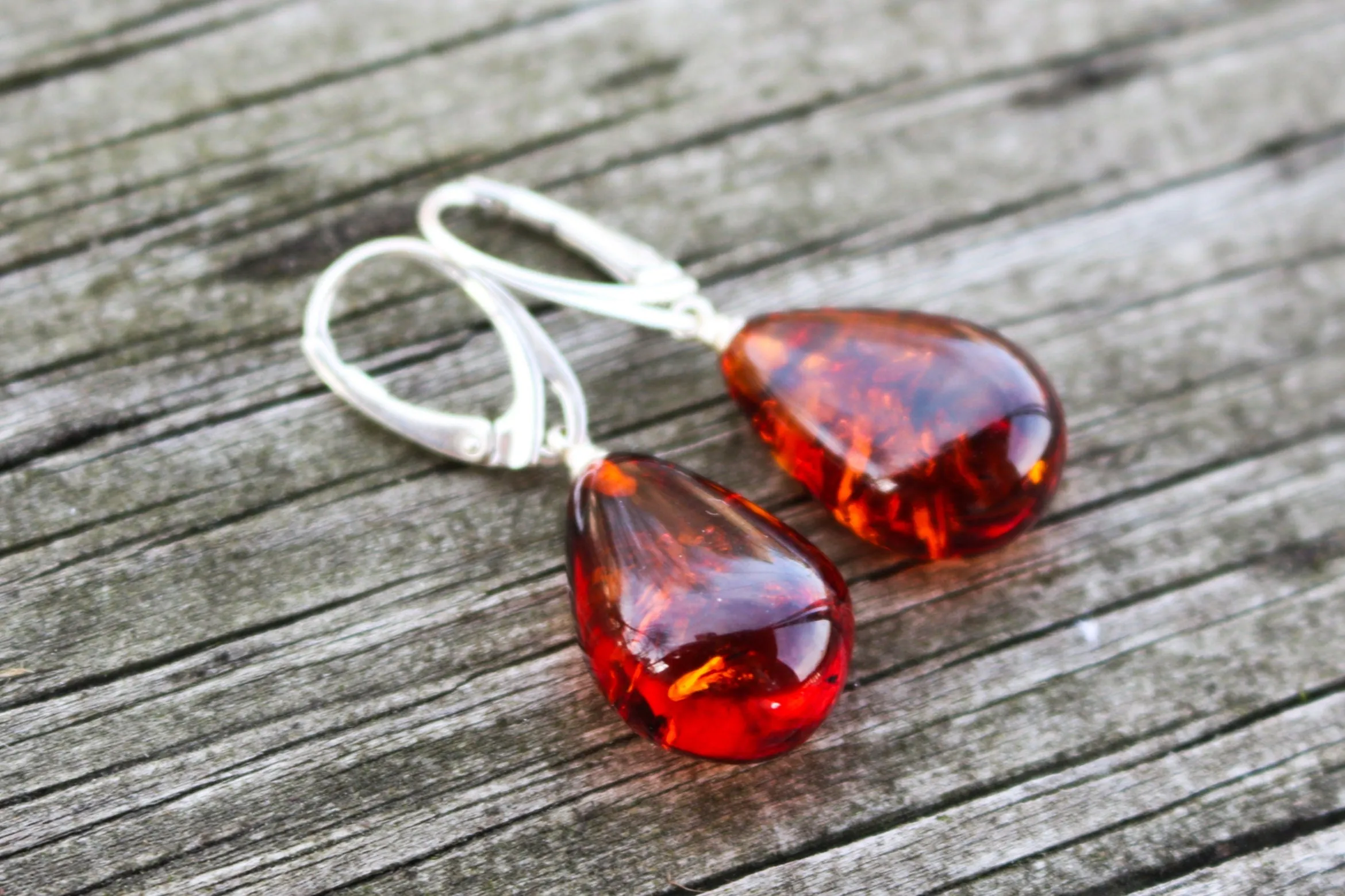 Baltic Amber Earrings Drop Cognac Pear Shape Sparkling Jewelry 1.59" 925 silver