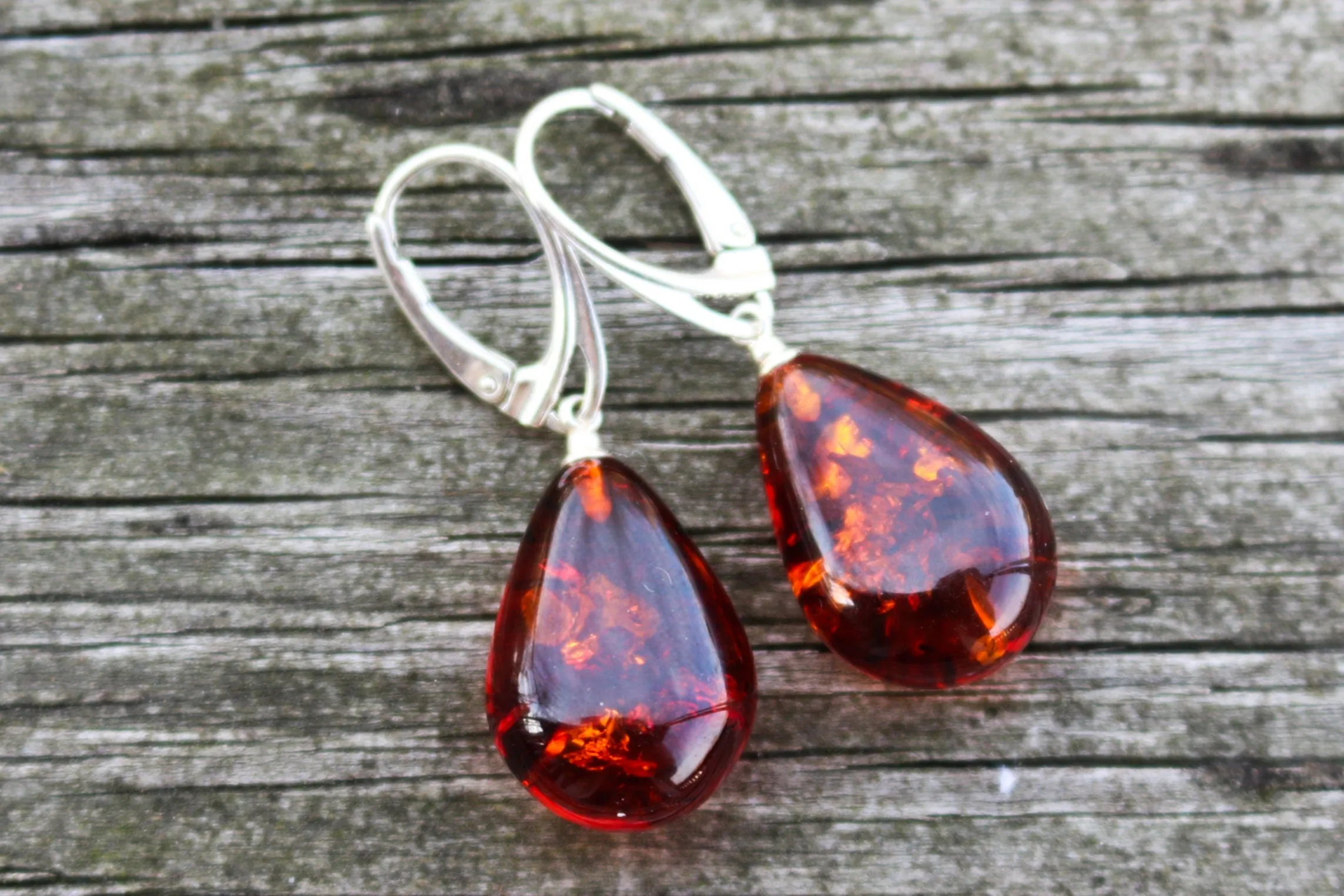 Baltic Amber Earrings Drop Cognac Pear Shape Sparkling Jewelry 1.59" 925 silver