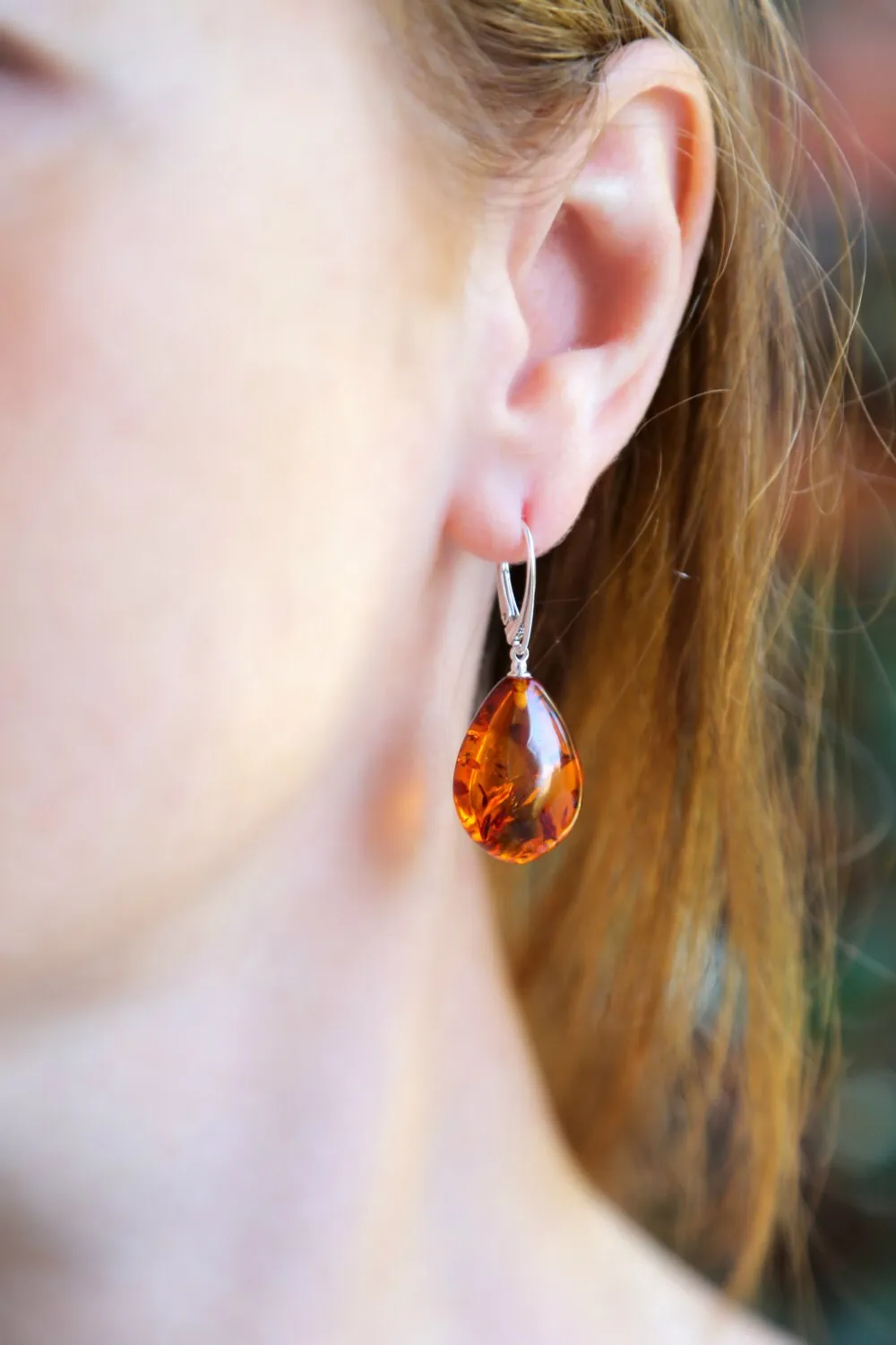 Baltic Amber Earrings Drop Cognac Pear Shape Sparkling Jewelry 1.59" 925 silver