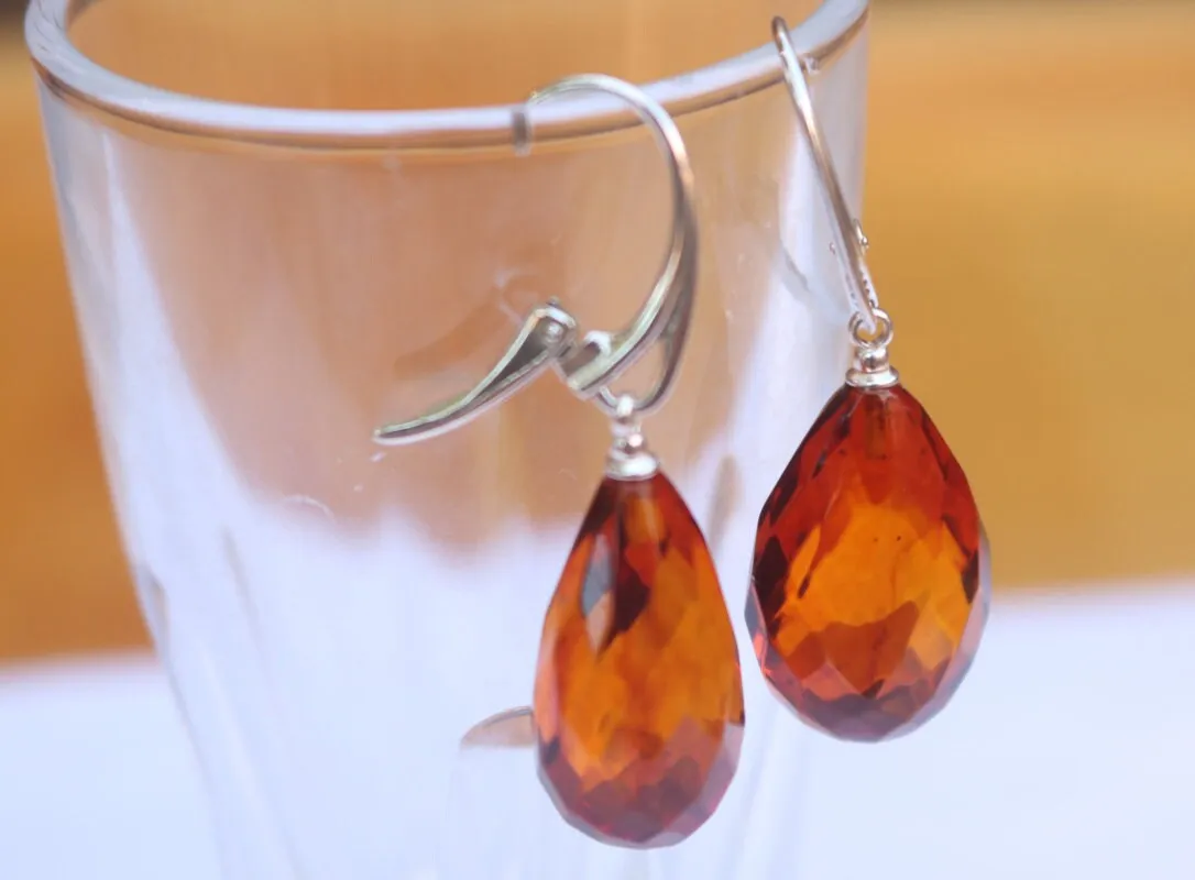 Baltic Amber Earrings Faceted Cherry  Drops Natural Jewelry 1.6" 5 gram 925 silver