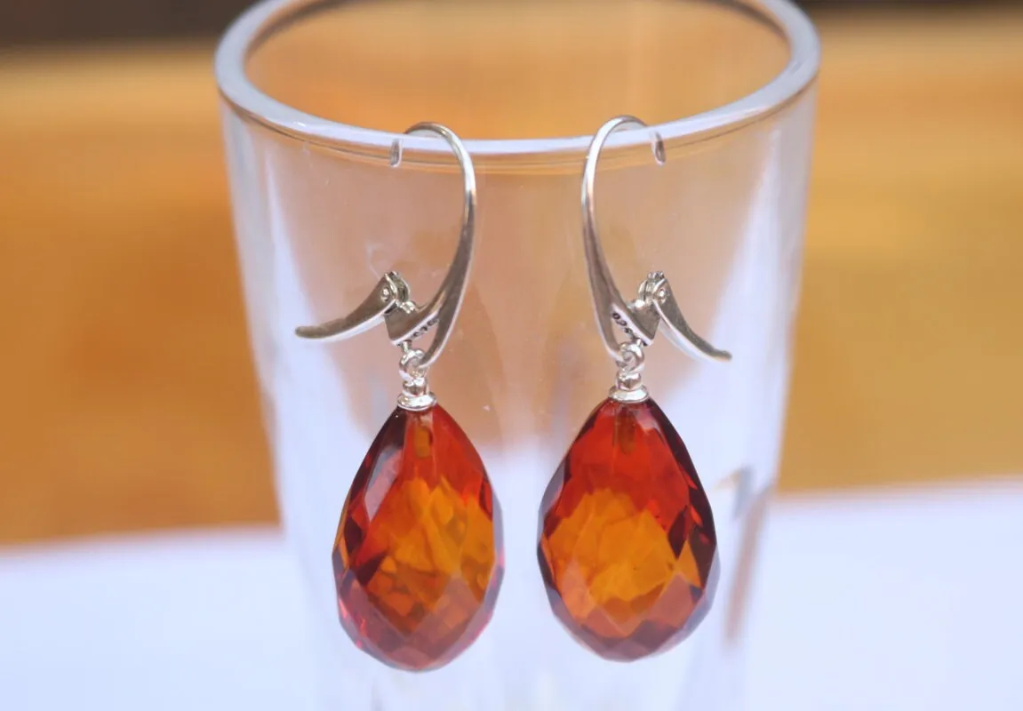 Baltic Amber Earrings Faceted Cherry  Drops Natural Jewelry 1.6" 5 gram 925 silver