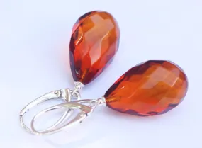 Baltic Amber Earrings Faceted Cherry  Drops Natural Jewelry 1.6" 5 gram 925 silver