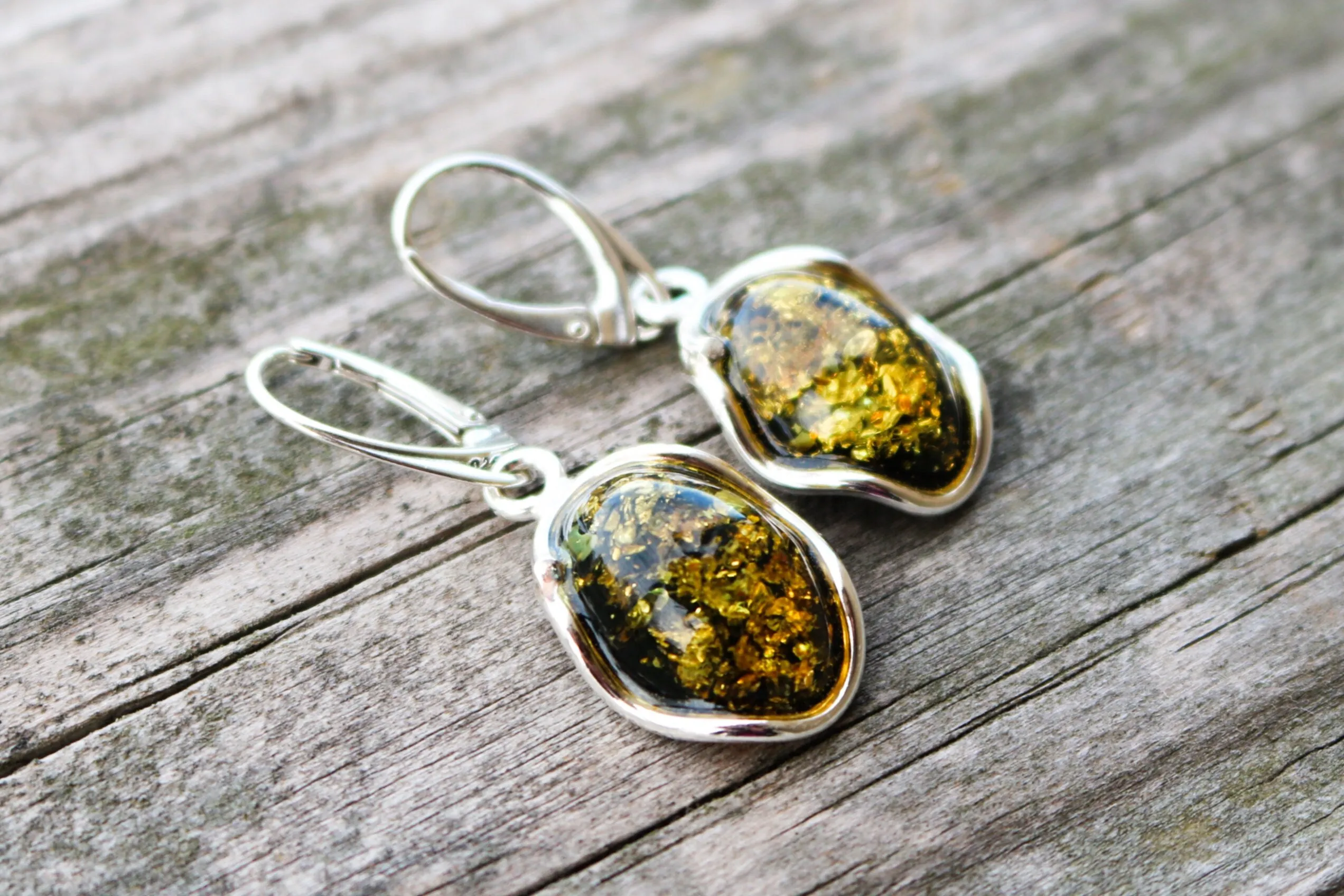 Baltic Amber Earrings Green Oval Natural Jewelry 1.6" 5.5 gram 925 Silver