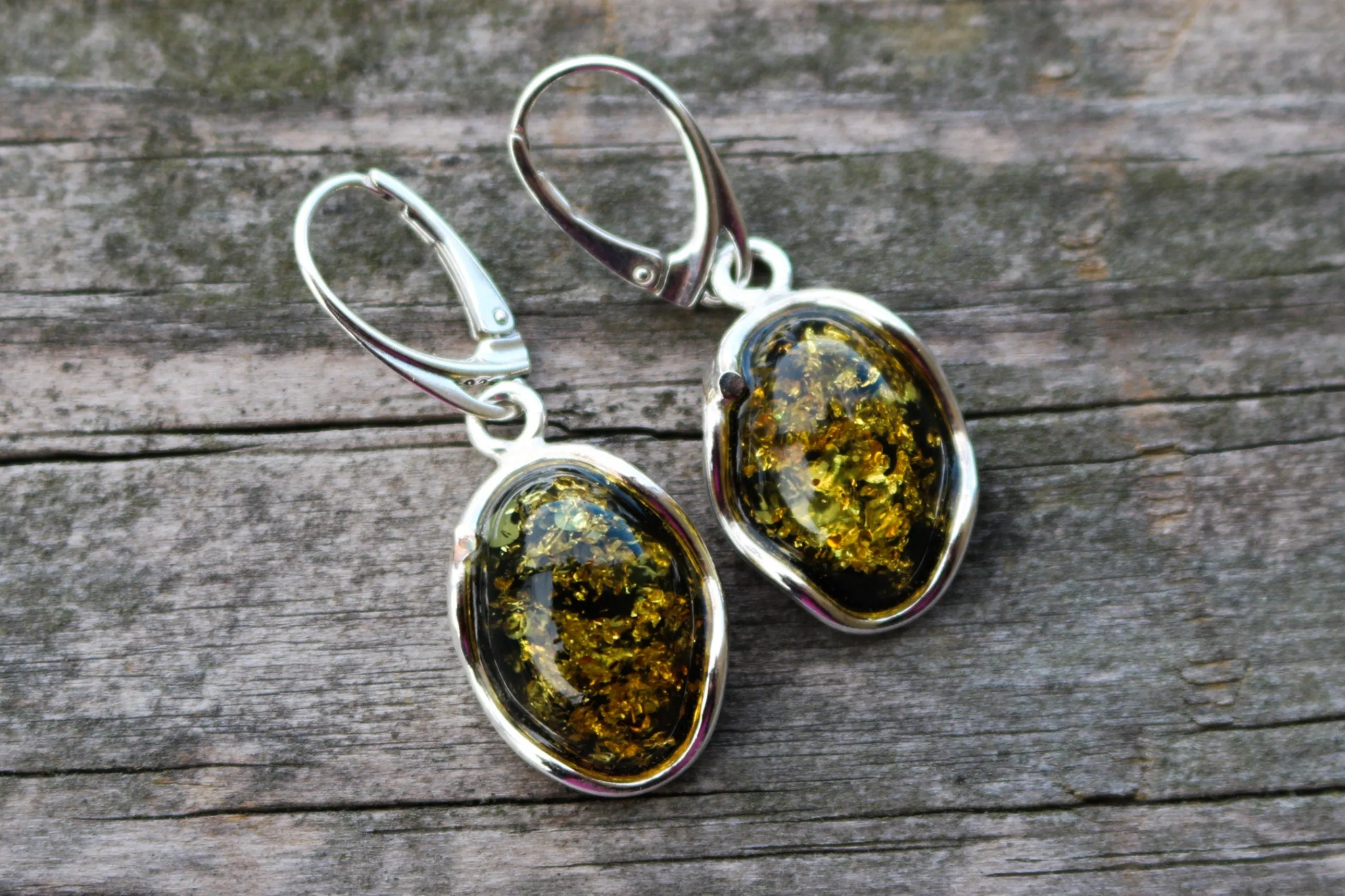 Baltic Amber Earrings Green Oval Natural Jewelry 1.6" 5.5 gram 925 Silver