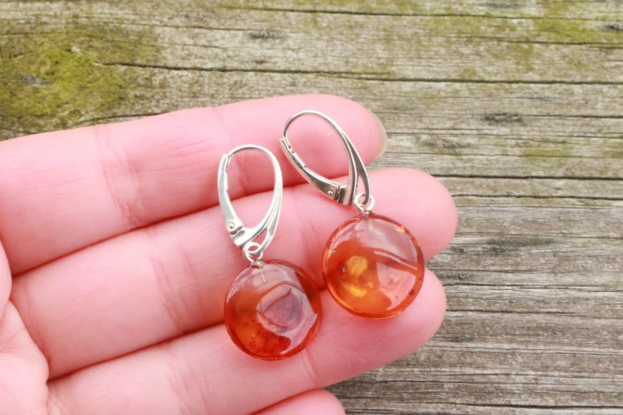 Baltic Amber Earrings Sparkling Cognac Disc Jewelry 1.4" 2.7 gram 925 Silver