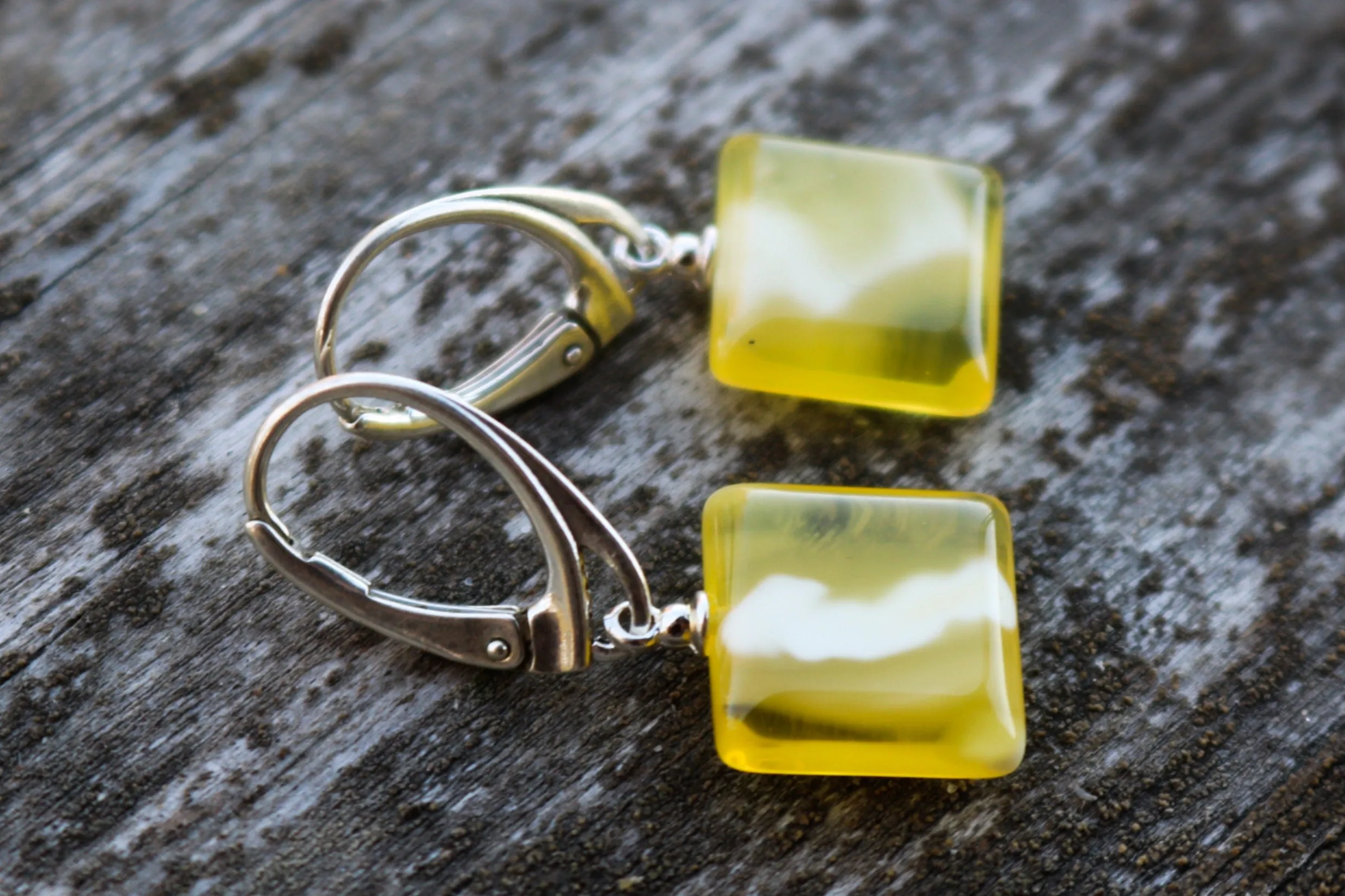 Baltic Amber Earrings Yellow Cloudy Natural Dangling Square Jewelry 1.28" 2.6 gram 925 Silver