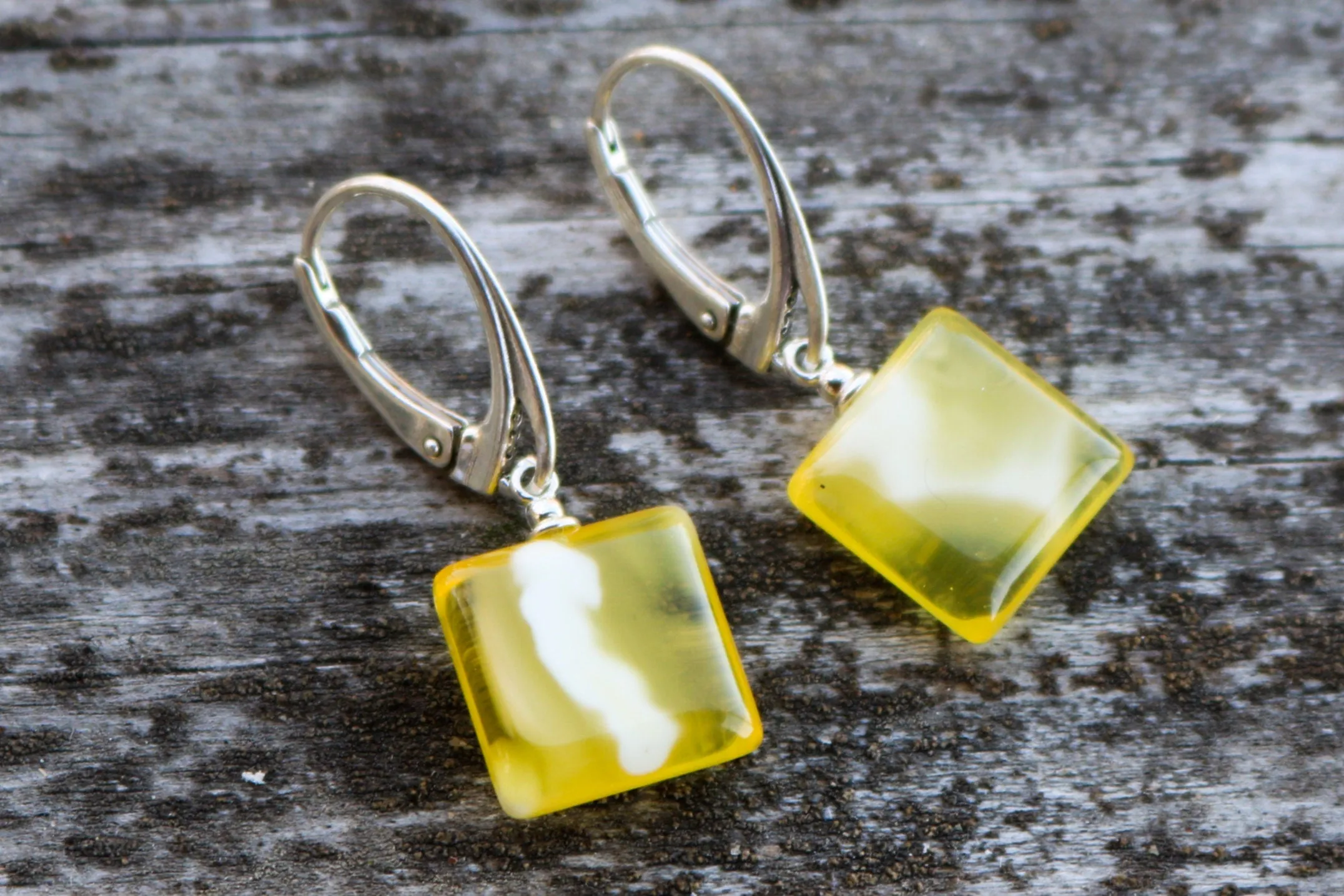 Baltic Amber Earrings Yellow Cloudy Natural Dangling Square Jewelry 1.28" 2.6 gram 925 Silver