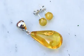 Baltic Amber Jewelry Set Yellow Cloudy Drop Pendant and Earrings Natural Untreated 4.3 gram 925 Silver