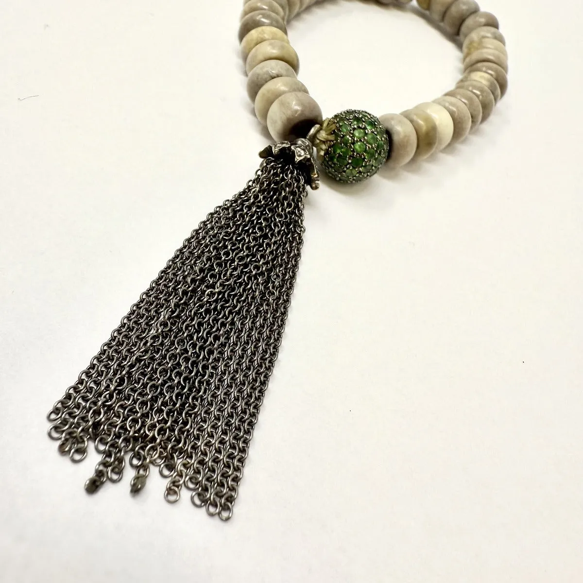 Beaded Bracelet with Emerald Embellished Ball  and Fringe with Diamond Clasp