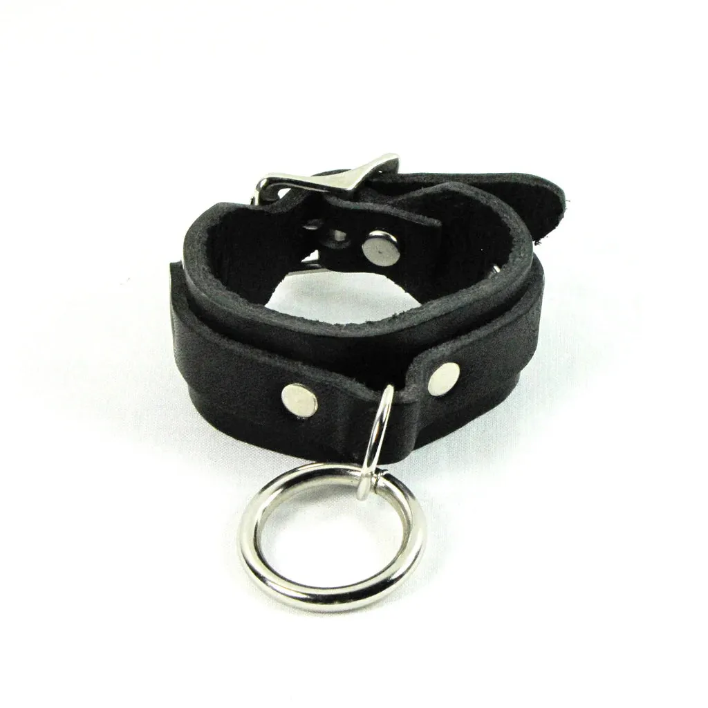 Black Leather Bracelet w/ Single Silver O Ring