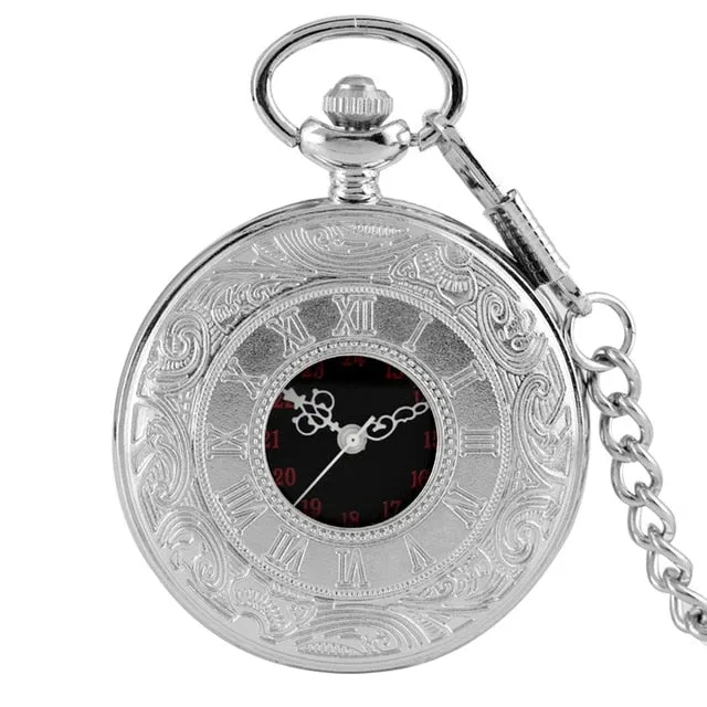 Black Roman Numerals Quartz Pocket Watch, Men Women Black Hollow Case Steampunk, Vintage Pendant Necklace