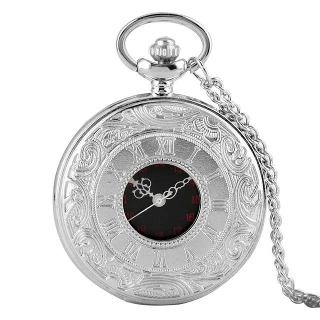 Black Roman Numerals Quartz Pocket Watch, Men Women Black Hollow Case Steampunk, Vintage Pendant Necklace