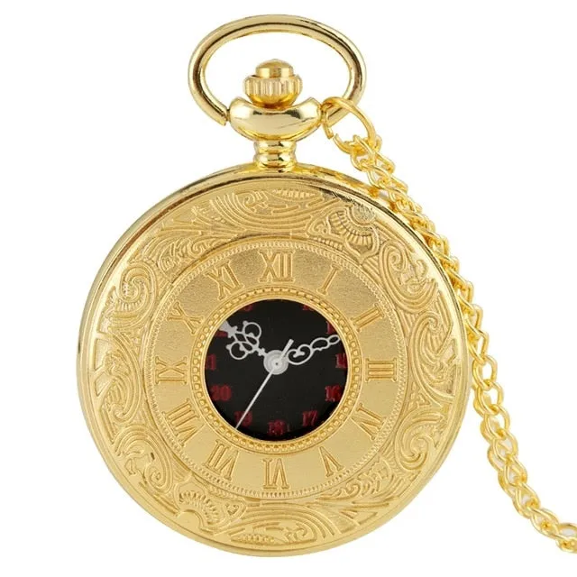 Black Roman Numerals Quartz Pocket Watch, Men Women Black Hollow Case Steampunk, Vintage Pendant Necklace