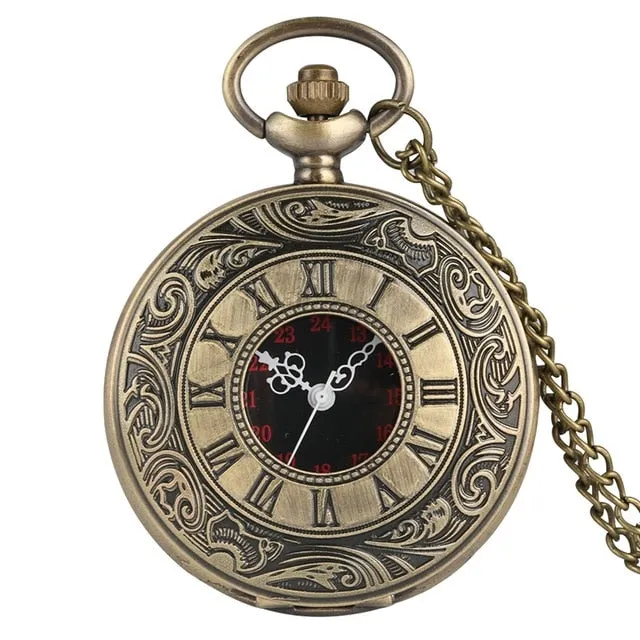 Black Roman Numerals Quartz Pocket Watch, Men Women Black Hollow Case Steampunk, Vintage Pendant Necklace