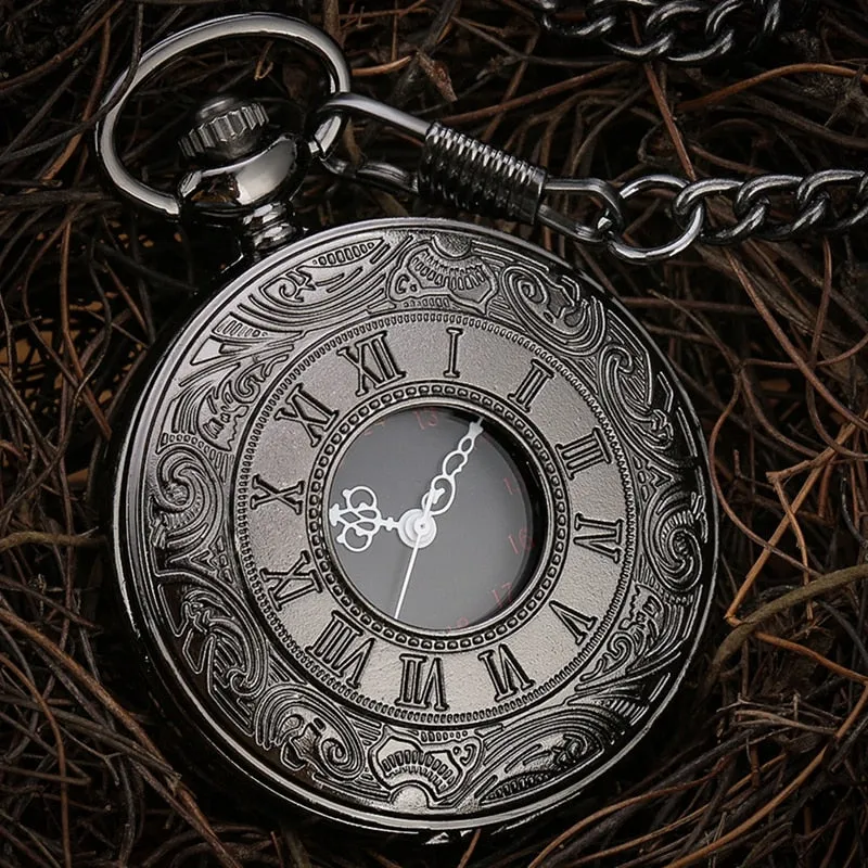 Black Roman Numerals Quartz Pocket Watch, Men Women Black Hollow Case Steampunk, Vintage Pendant Necklace