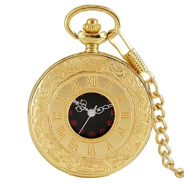 Black Roman Numerals Quartz Pocket Watch, Men Women Black Hollow Case Steampunk, Vintage Pendant Necklace