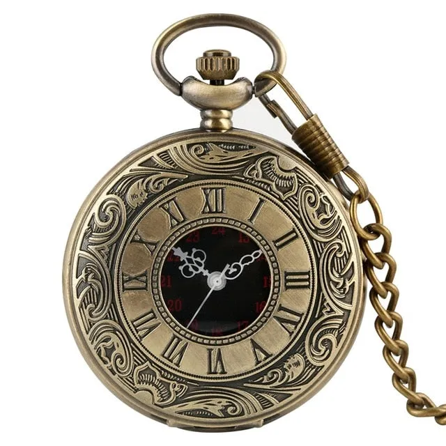 Black Roman Numerals Quartz Pocket Watch, Men Women Black Hollow Case Steampunk, Vintage Pendant Necklace