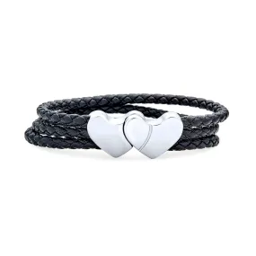 Black Triple Strand Wrap Bracelet with Heart Clasp - Stainless Steel