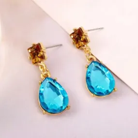 Blue Teardrop Champagne Rhinestone Earrings