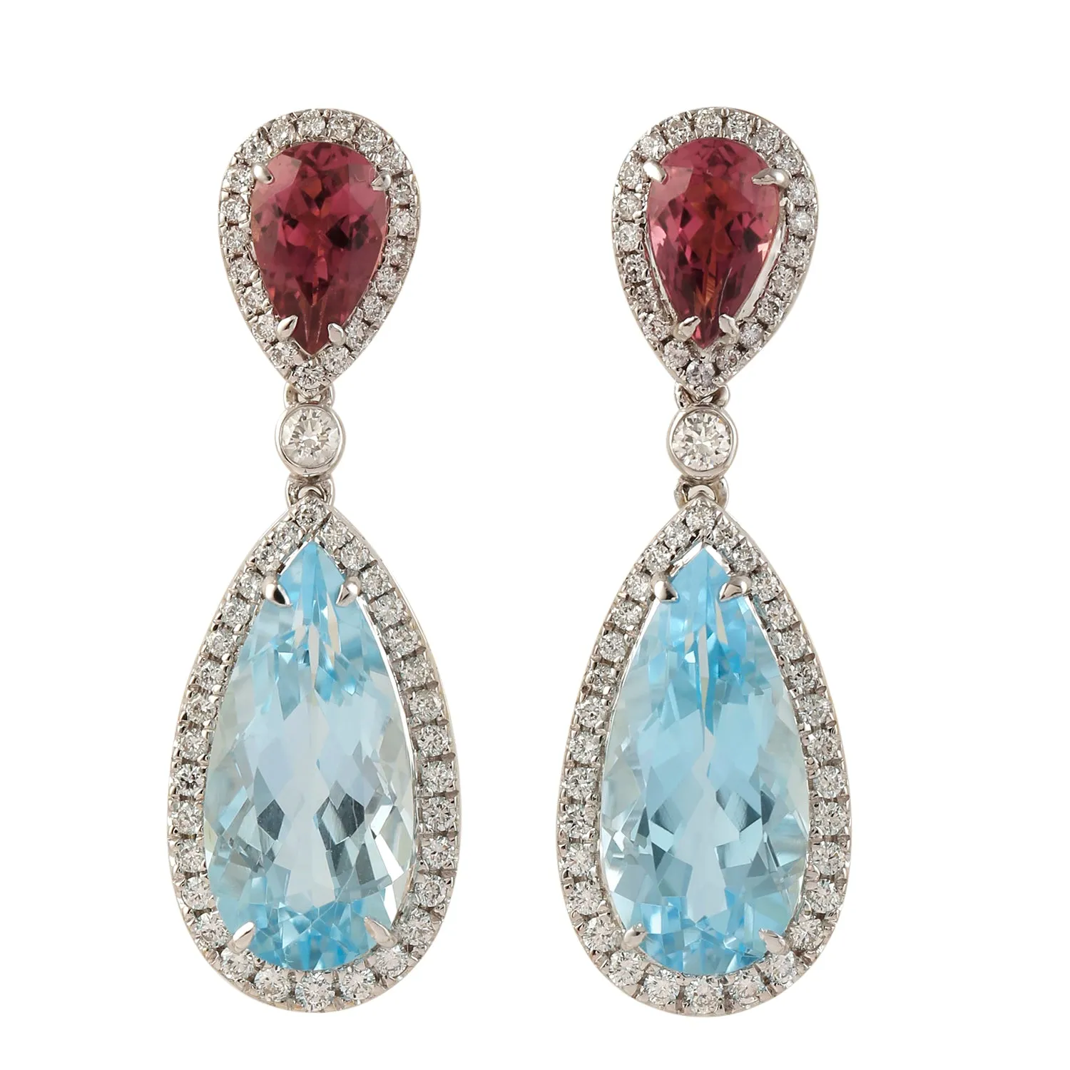 Blue Topaz & Pink Tourmaline Pave Diamond Tear Drop Dangle Earrings In 14k White Gold