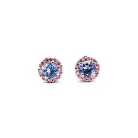 Blue Topaz And Natural Pink Sapphire Halo Earrings 18K White Gold