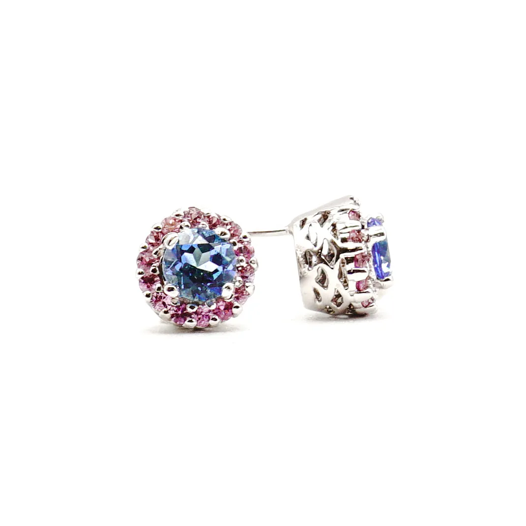 Blue Topaz And Natural Pink Sapphire Halo Earrings 18K White Gold