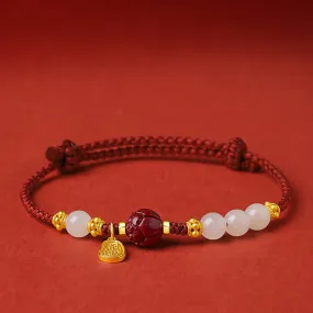 Buddha Stones 24K Gold Plated Hetian White Jade Cinnabar Lotus Luck Rope Bracelet