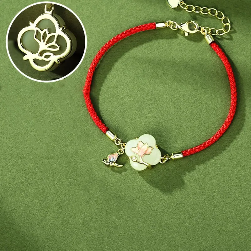 Buddha Stones 925 Sterling Silver Hetian Jade Magnolia Flower Butterfly Luck Chain Bracelet