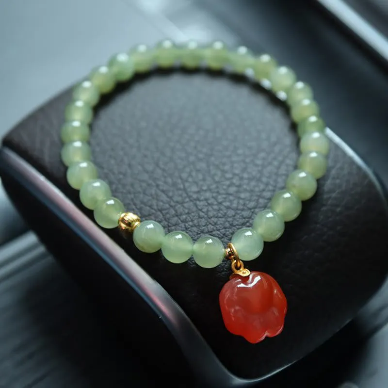 Buddha Stones 925 Sterling Silver Plated Gold Natural Hetian Jade Bead Gourd Lotus Bamboo Fu Character Luck Bracelet