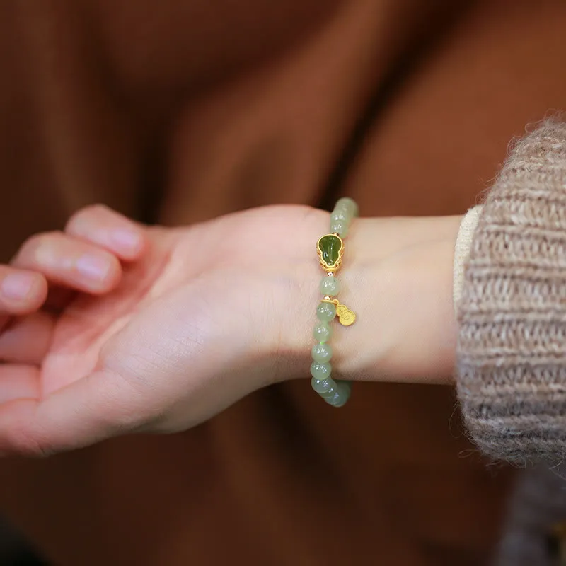 Buddha Stones 925 Sterling Silver Plated Gold Natural Hetian Jade Bead Gourd Lotus Bamboo Fu Character Luck Bracelet