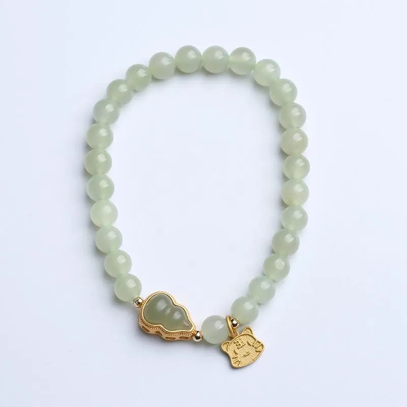 Buddha Stones 925 Sterling Silver Plated Gold Natural Hetian Jade Bead Gourd Lotus Bamboo Fu Character Luck Bracelet