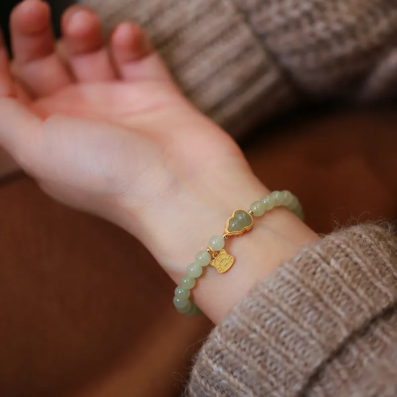 Buddha Stones 925 Sterling Silver Plated Gold Natural Hetian Jade Bead Gourd Lotus Bamboo Fu Character Luck Bracelet